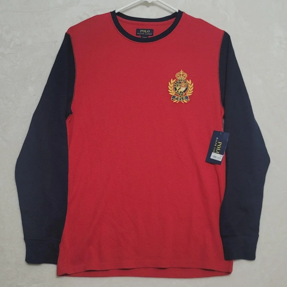 Polo Ralph Lauren Shirt Mens Large Red Navy Crest Long Sleeve Crewneck Sleepwear